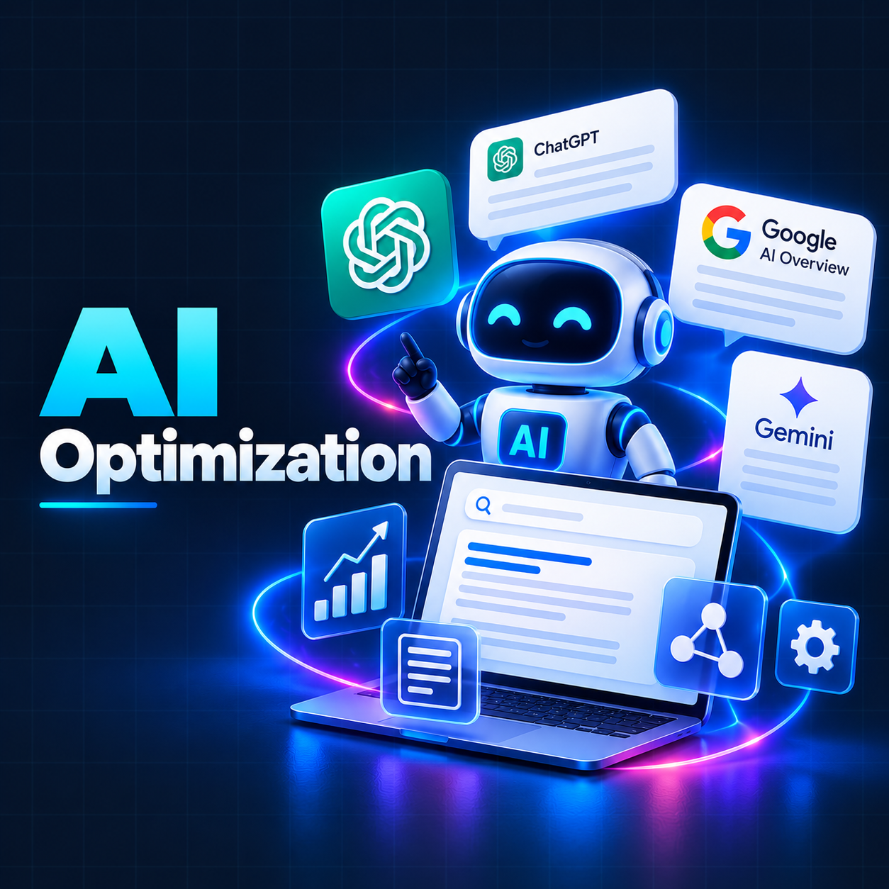 AI optimization illustration with a robot, laptop and ChatGPT, Google AI Overview and Gemini search panels