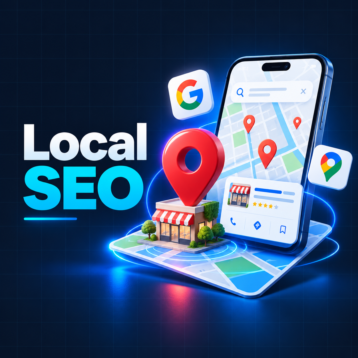Local SEO illustration with map pins, a local business and a smartphone showing map results