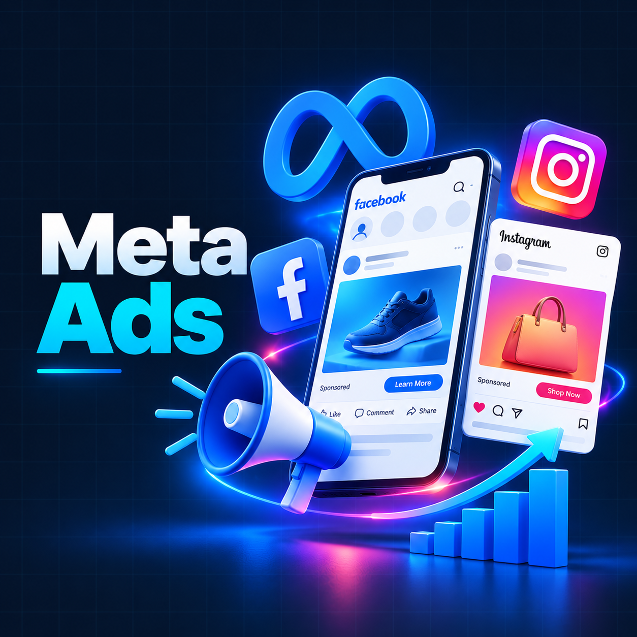 Meta Ads illustration with Facebook and Instagram advertisements, a megaphone and a growth chart