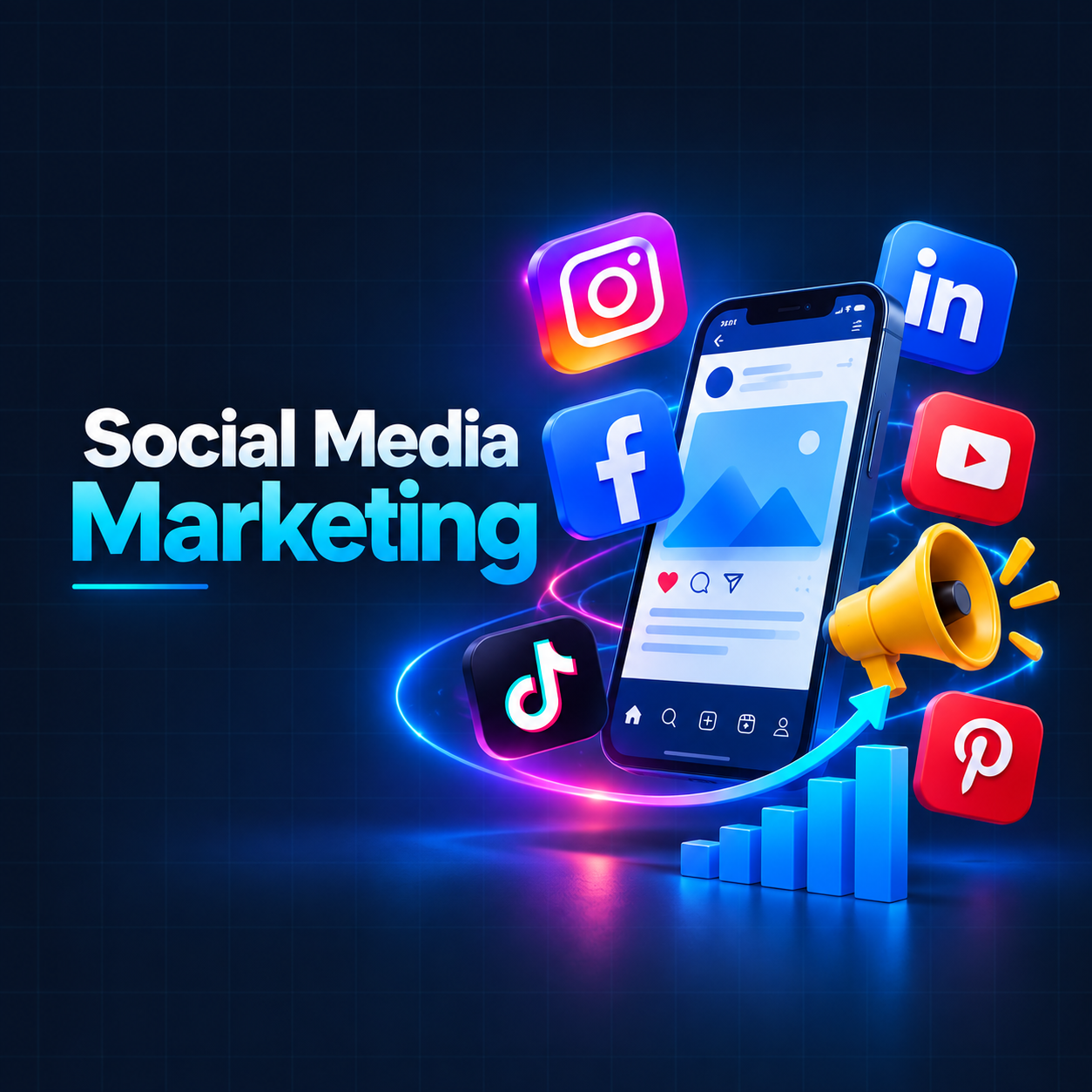 Social media marketing illustration with a smartphone, social platform logos and a growth chart