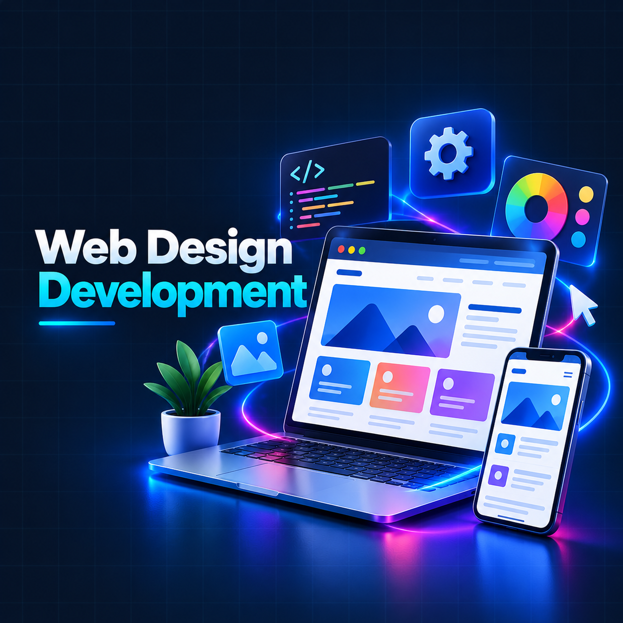 Web design and development illustration showing responsive websites on a laptop and smartphone
